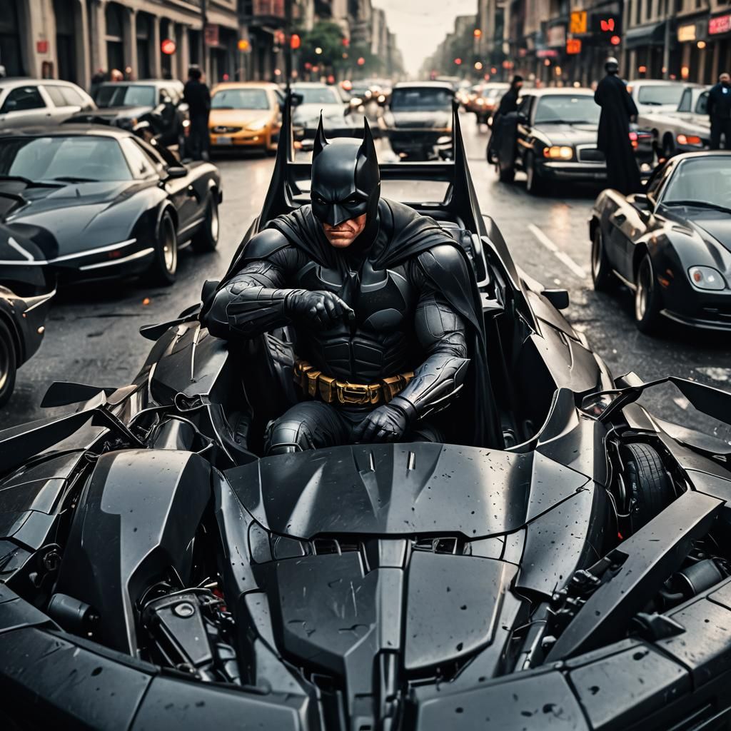 Batman Stuck in Traffic in Hyperrealistic Style