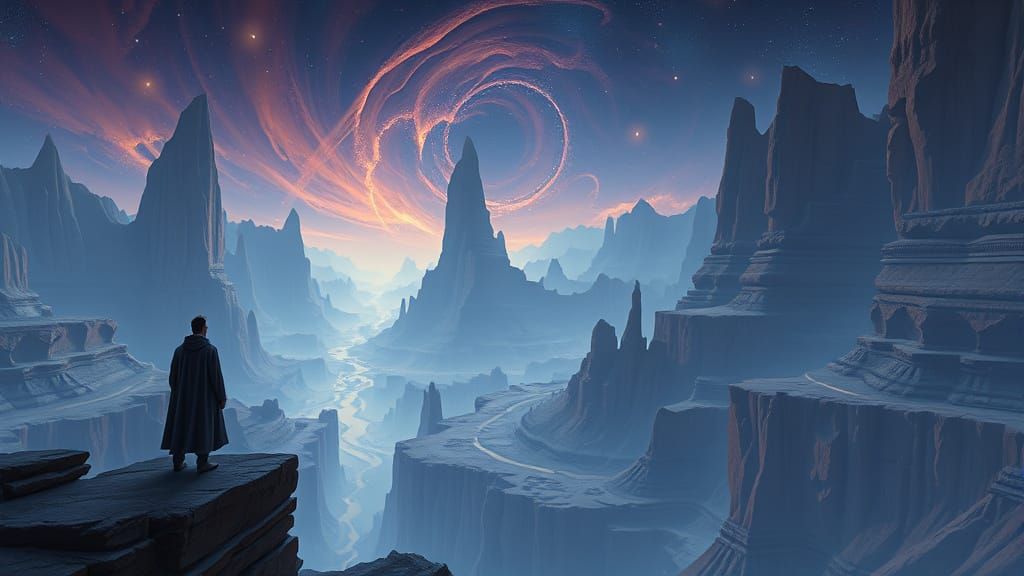 Figure Contemplating Alien Canyon Landscape in Surreal Dream...