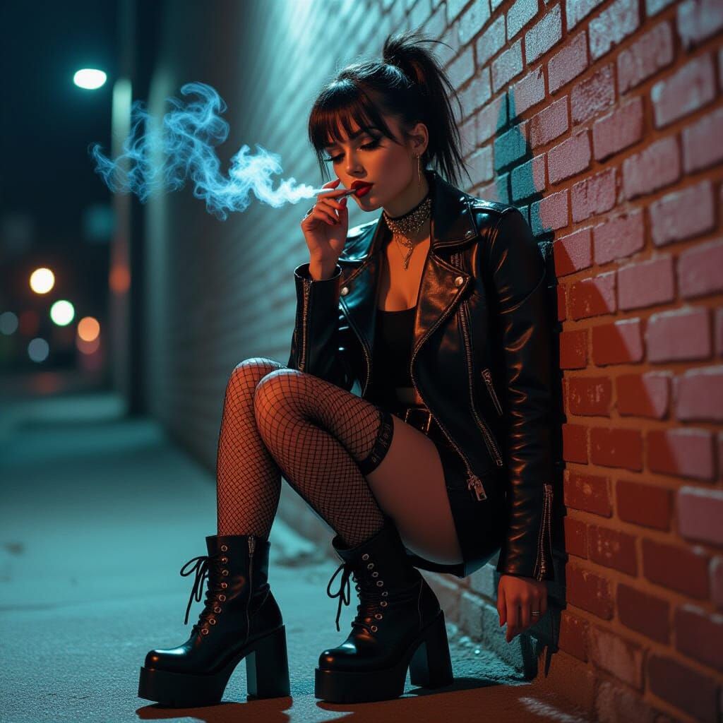 Punk Girl Smoking in Cinematic Late-Night Lighting