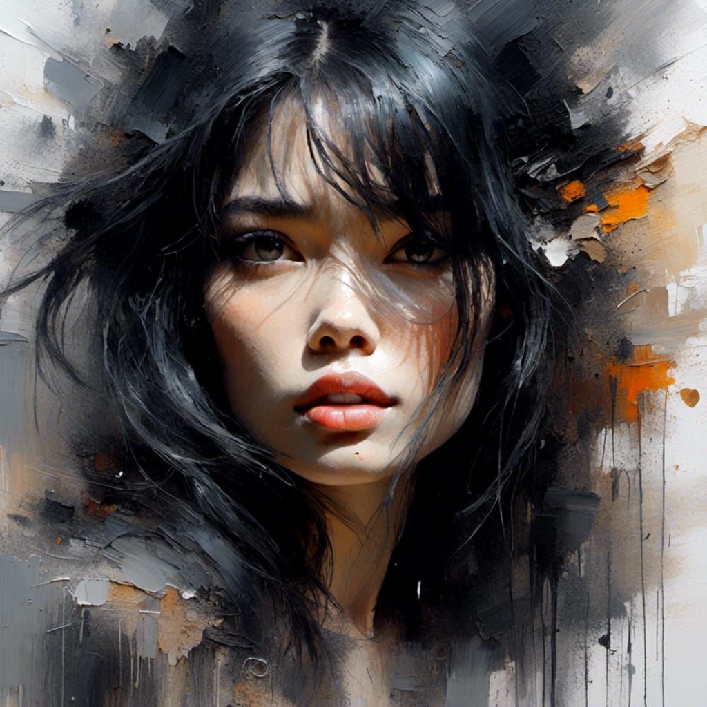 Dynamic Watercolor Portrait of Woman with Black Hair