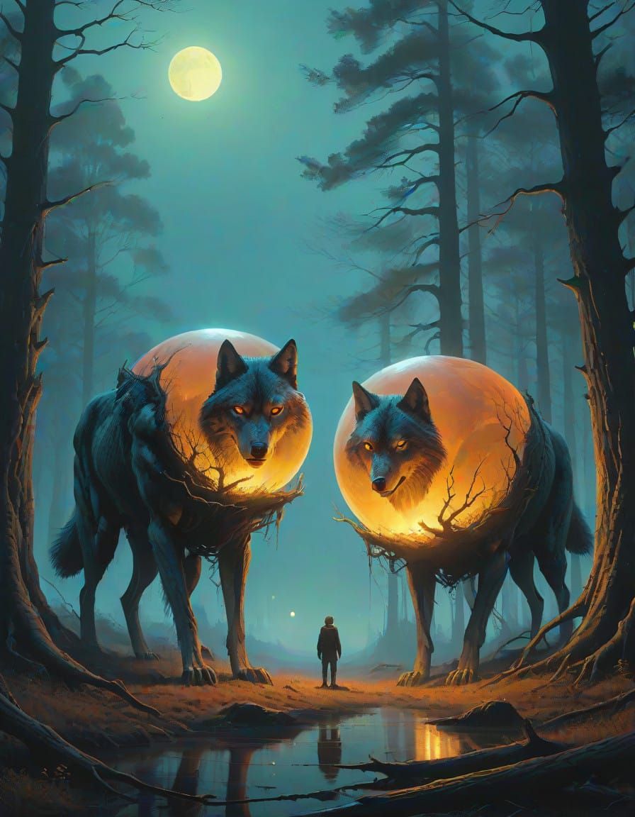 Moonlit Wolves Encounter a Glowing Orb in a Mystical Clearin...