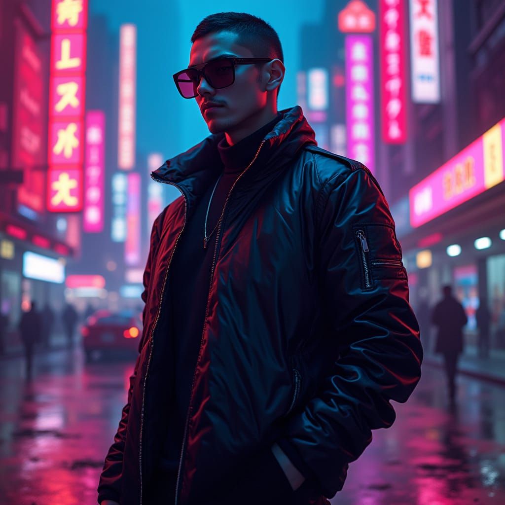 Sigmaboi in Neon Cityscape, Cyberpunk Style