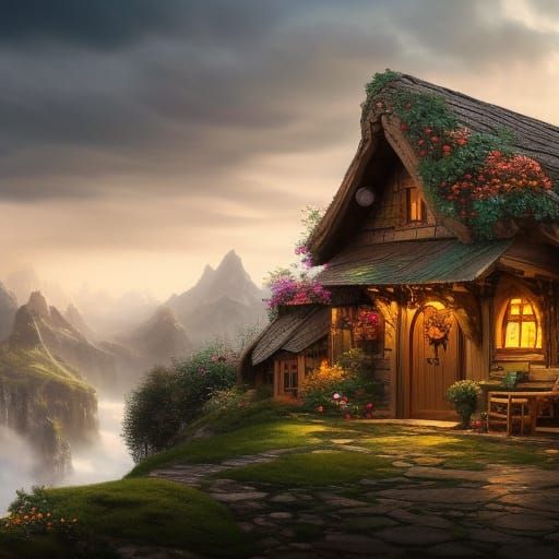 Rococo Hobbit House with Waterfall, Digital Art