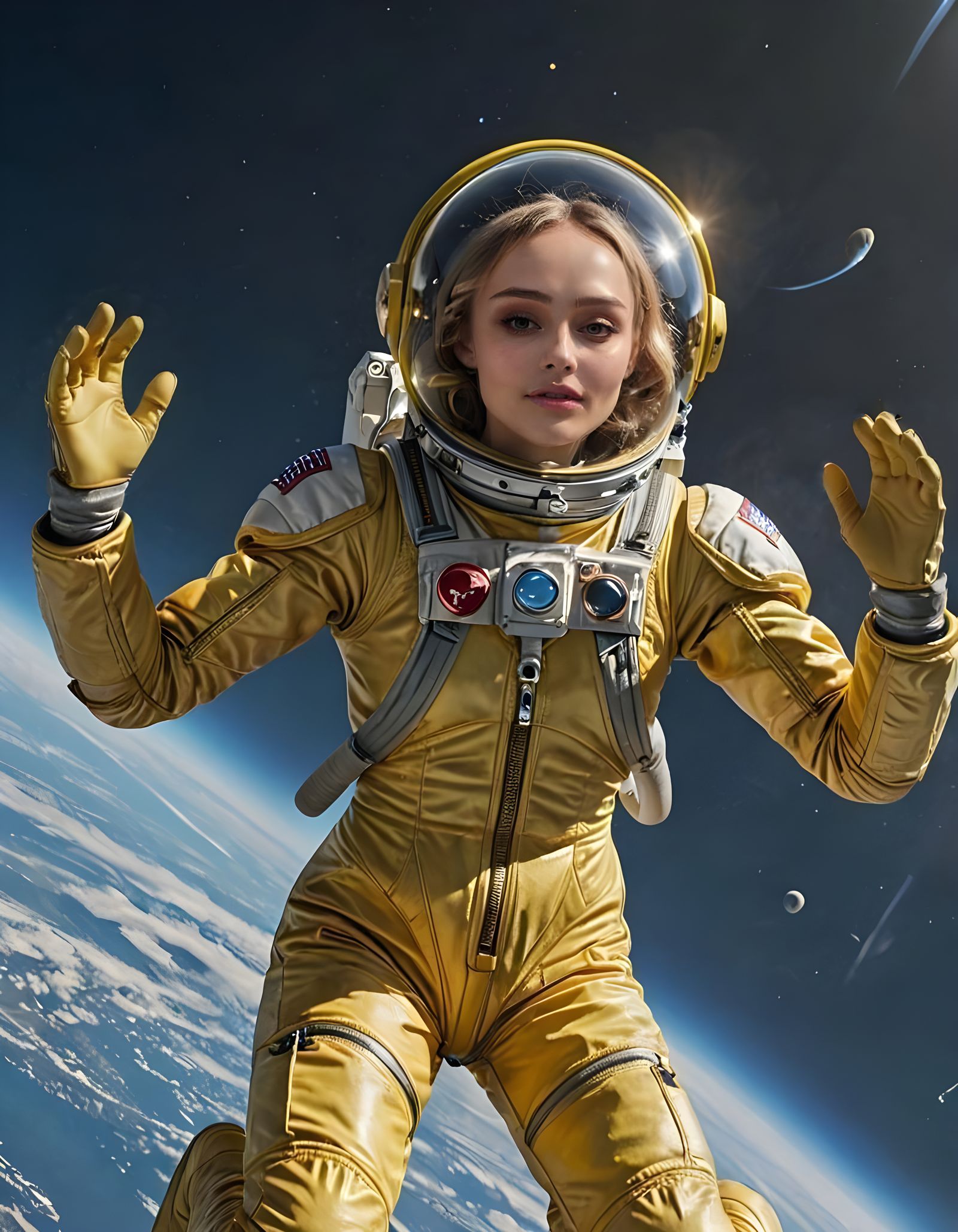 Lily-Rose Depp floating in orbit of an Earth-like planet, looking calm but equally excited