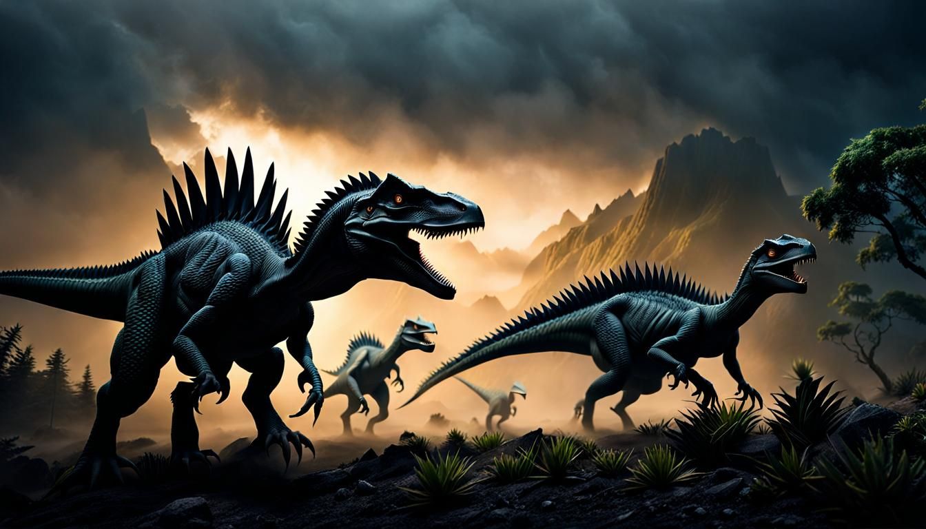 Velociraptors Hunt Stegosaurus in Misty Landscape