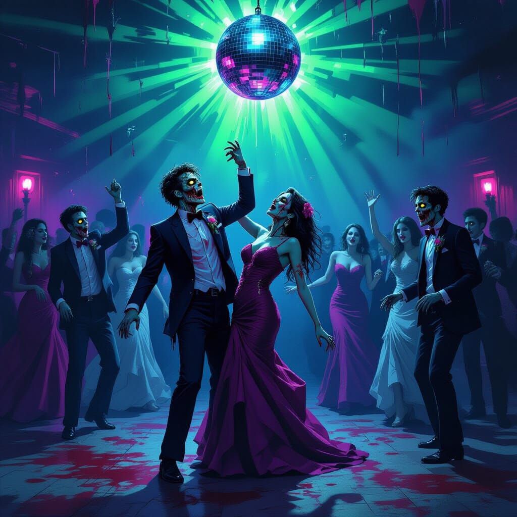 Zombie Prom Night Scene in Vibrant, Horrific Style