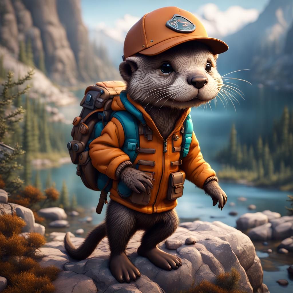 Otter Hiking in Mountains: Detailed Matte Painting