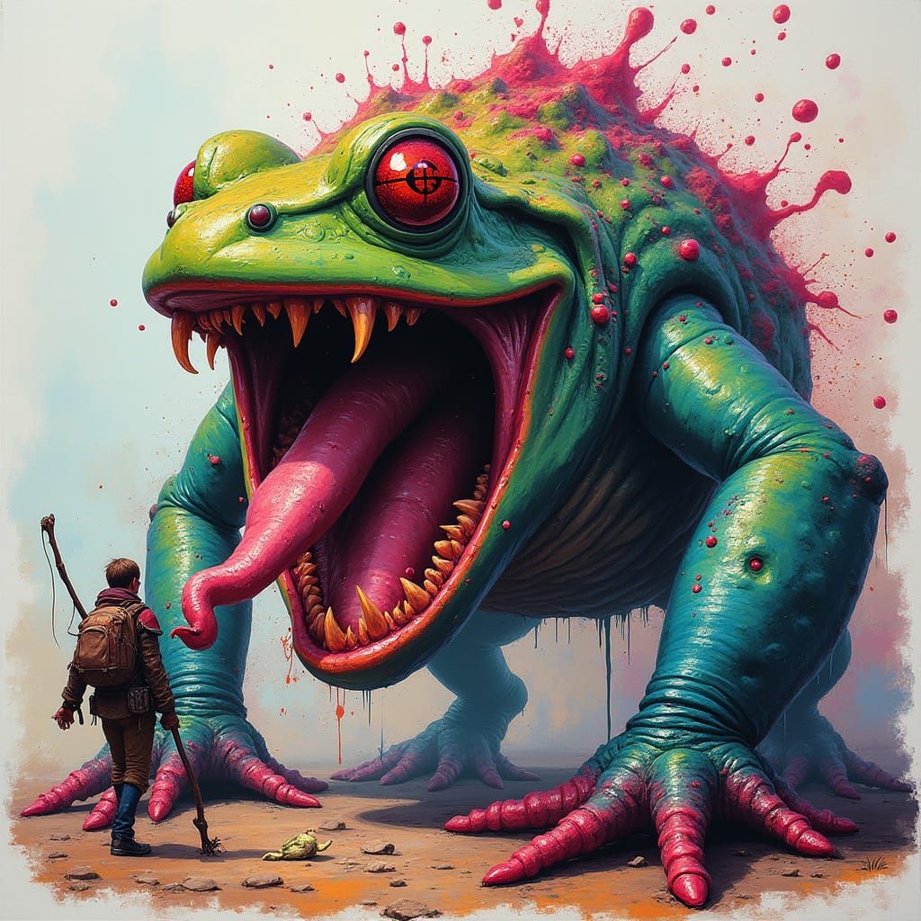 Colossal Froghemoth Devours Villager in Vibrant Graffiti Sty...