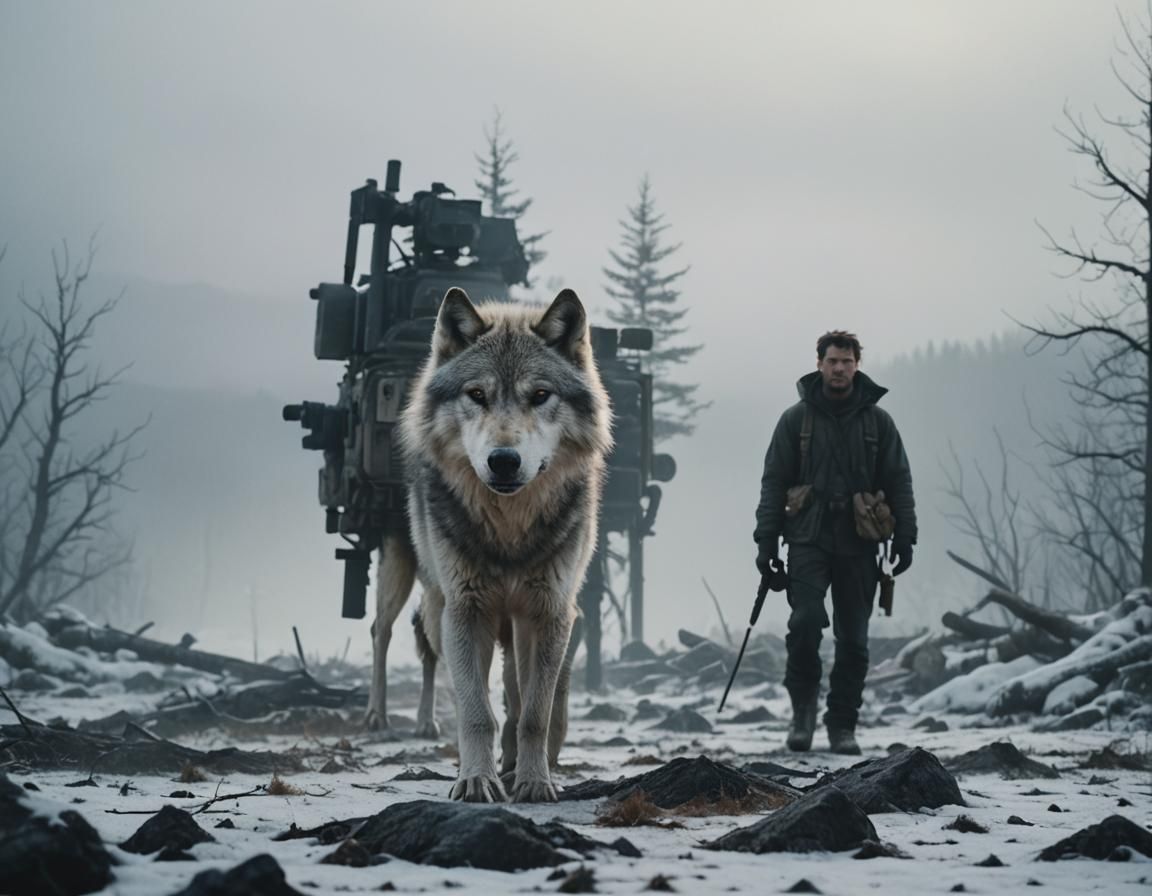 Post-Apocalyptic Survivor in Cinematic Film Still