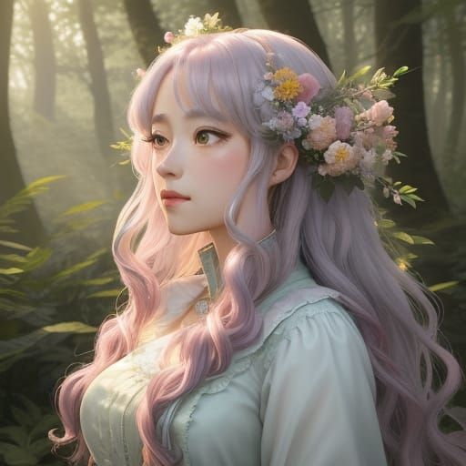 Anime Princess with Flowers in Forest Castle