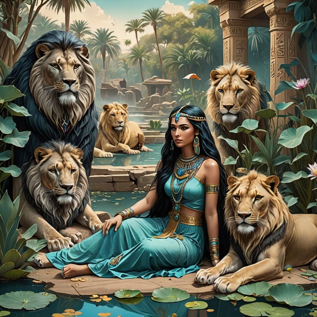 Egyptian Woman with Lions by Pond, Fantasy Art