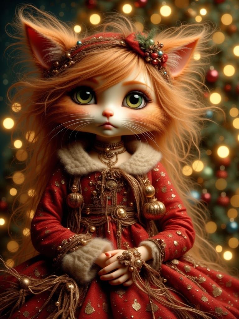 Fluffy Red Cat Hugs Girl in Christmas Dress