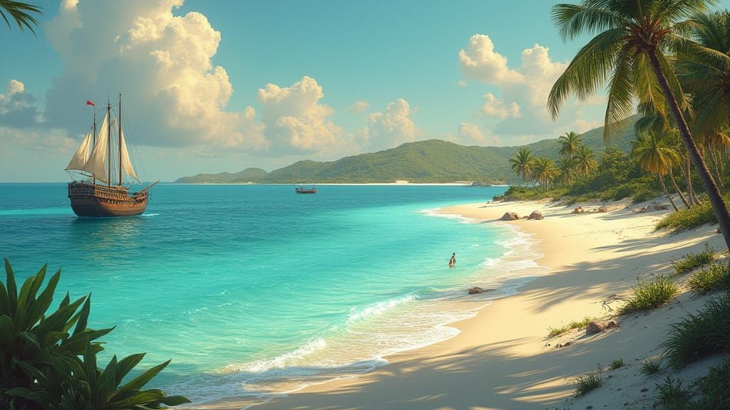 Sailing Ship on Tropical Island Beach at Golden Hour
