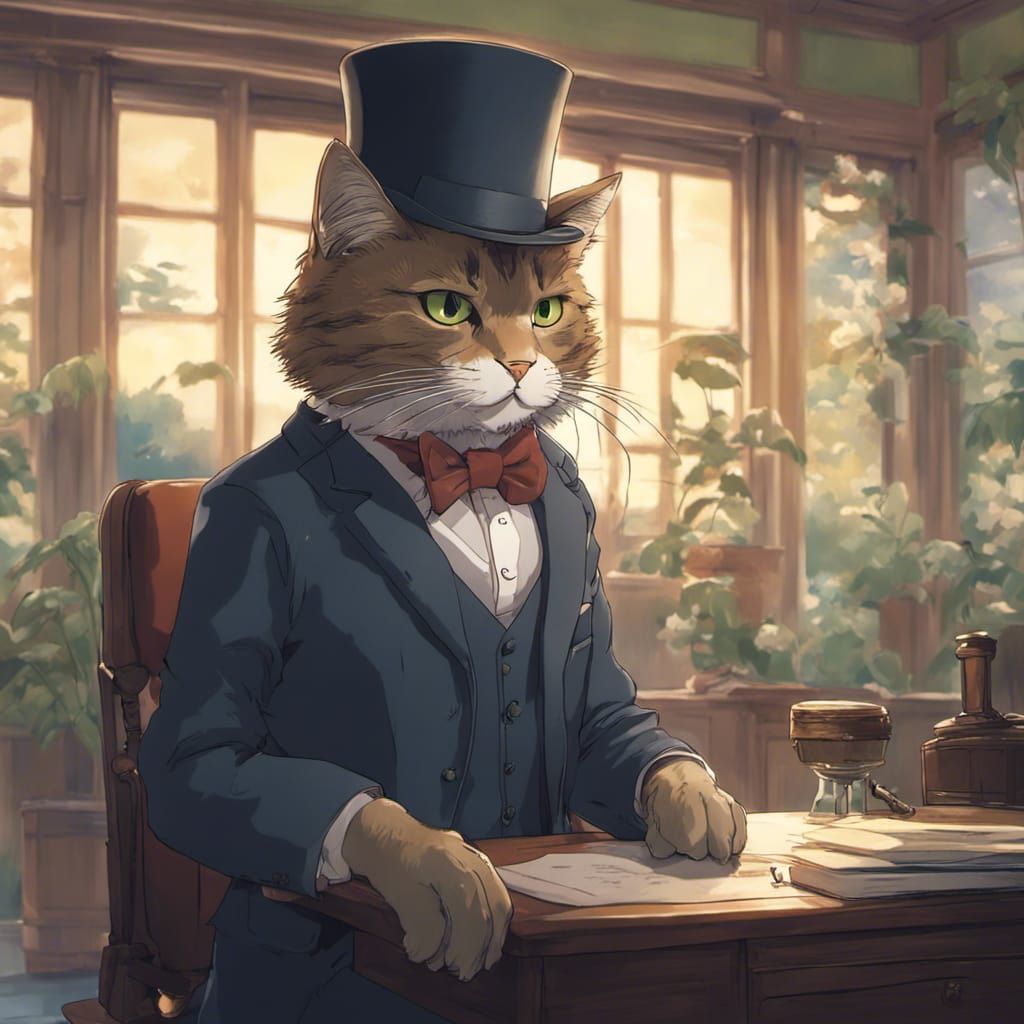 Dapper Cat in Suit, Anime Style Illustration