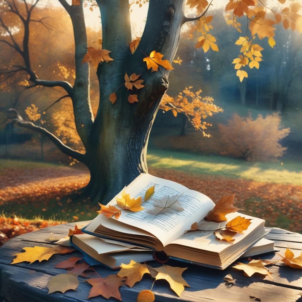 The book is lying on its side on a wooden table with autumn ...