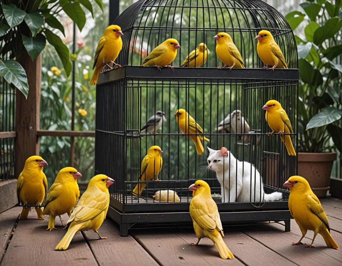 Curious Cat Trapped in Bird Cage, Watched by Canaries