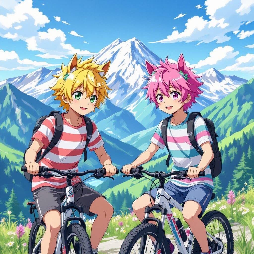Anime Youths with Horse Ears on Mountain Bikes