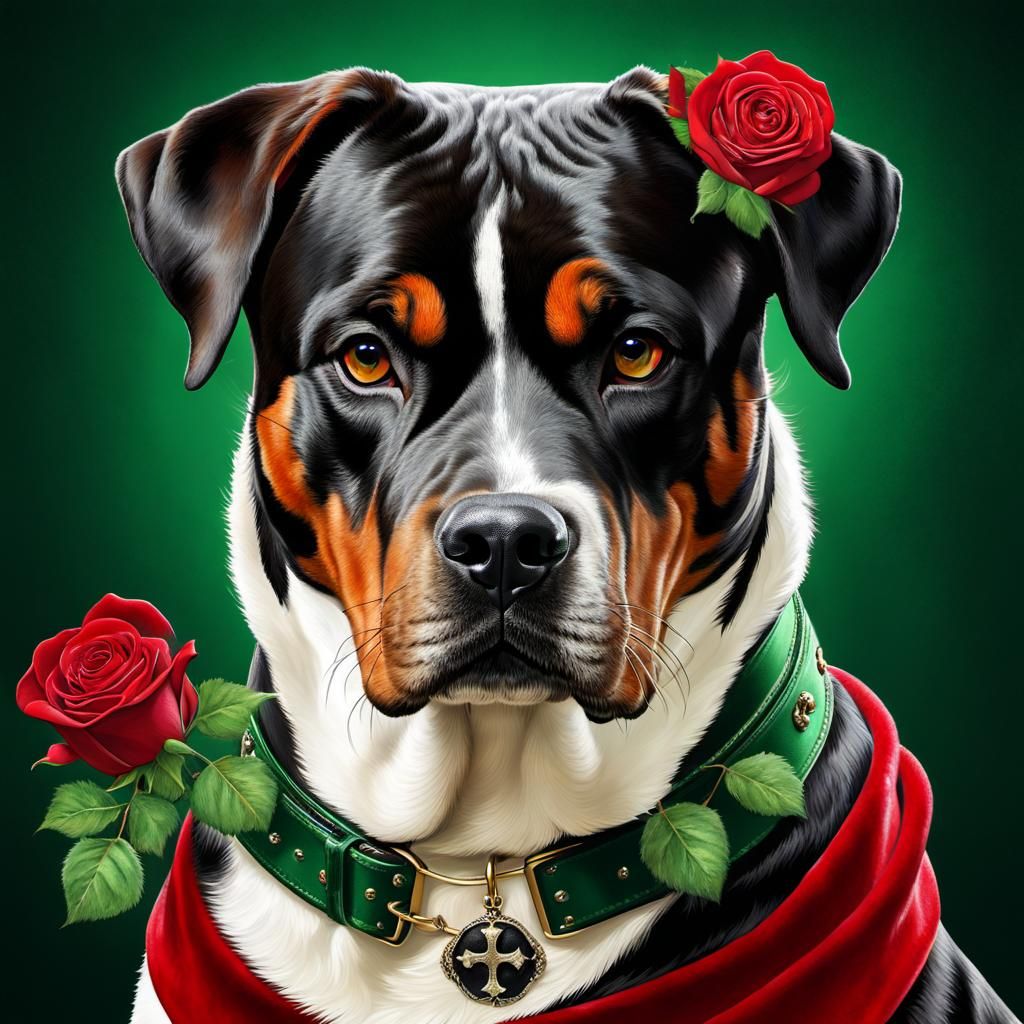Hyperrealistic Portrait of Rottweiler-Boxer Mix with Red Col...