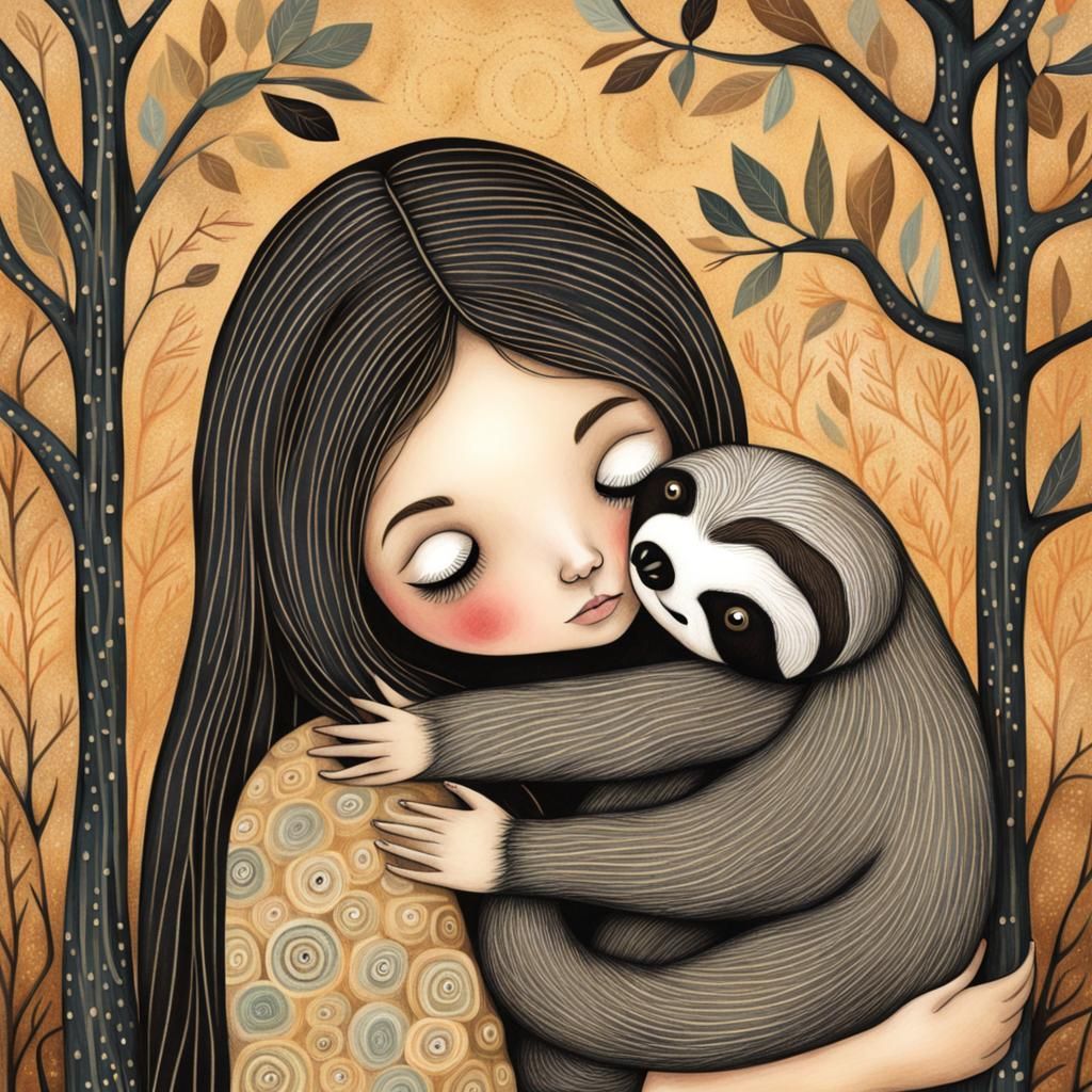 Girl Hugging Sloth in Art Brut Style