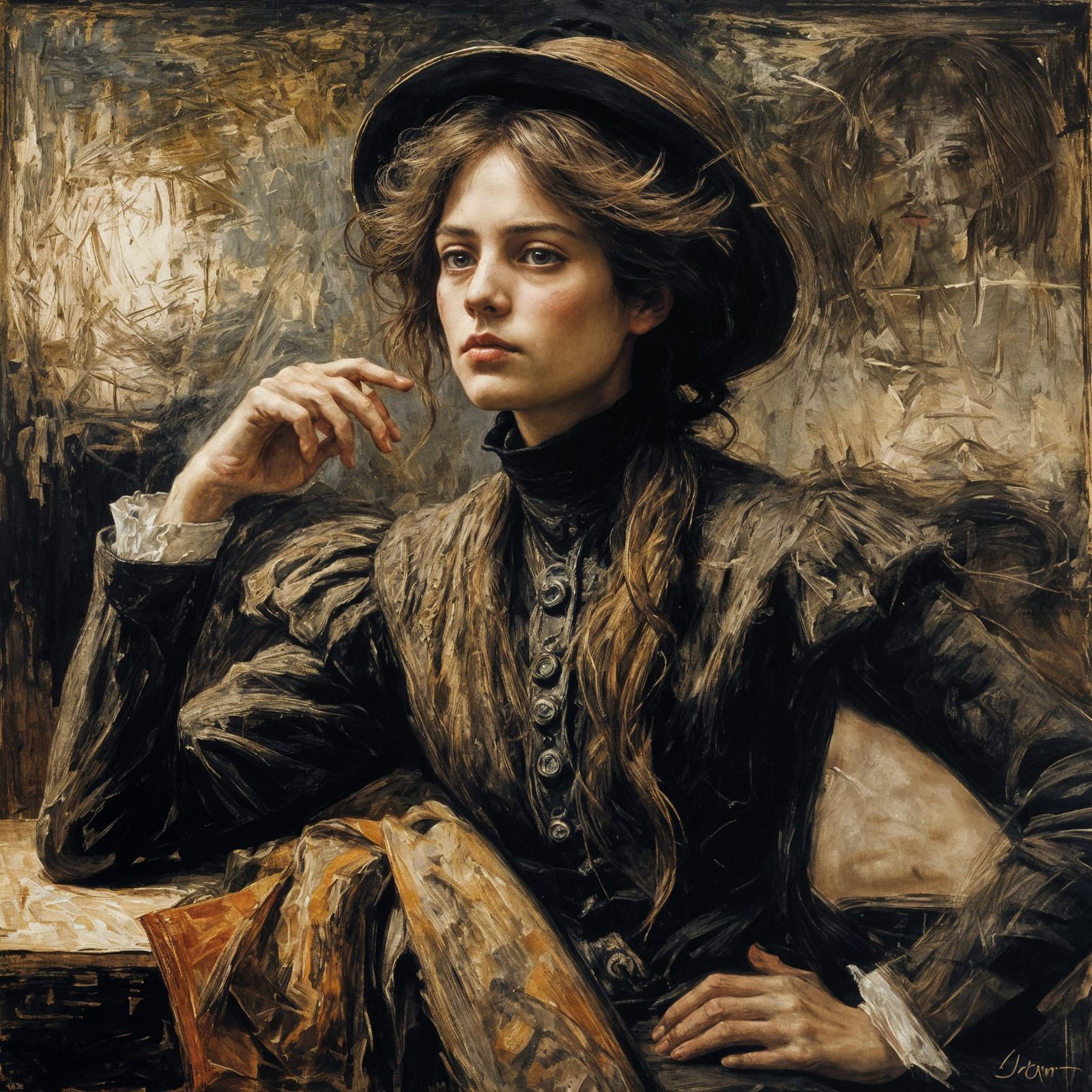 Woman in Contemplative Mood, in Oil Painting Style