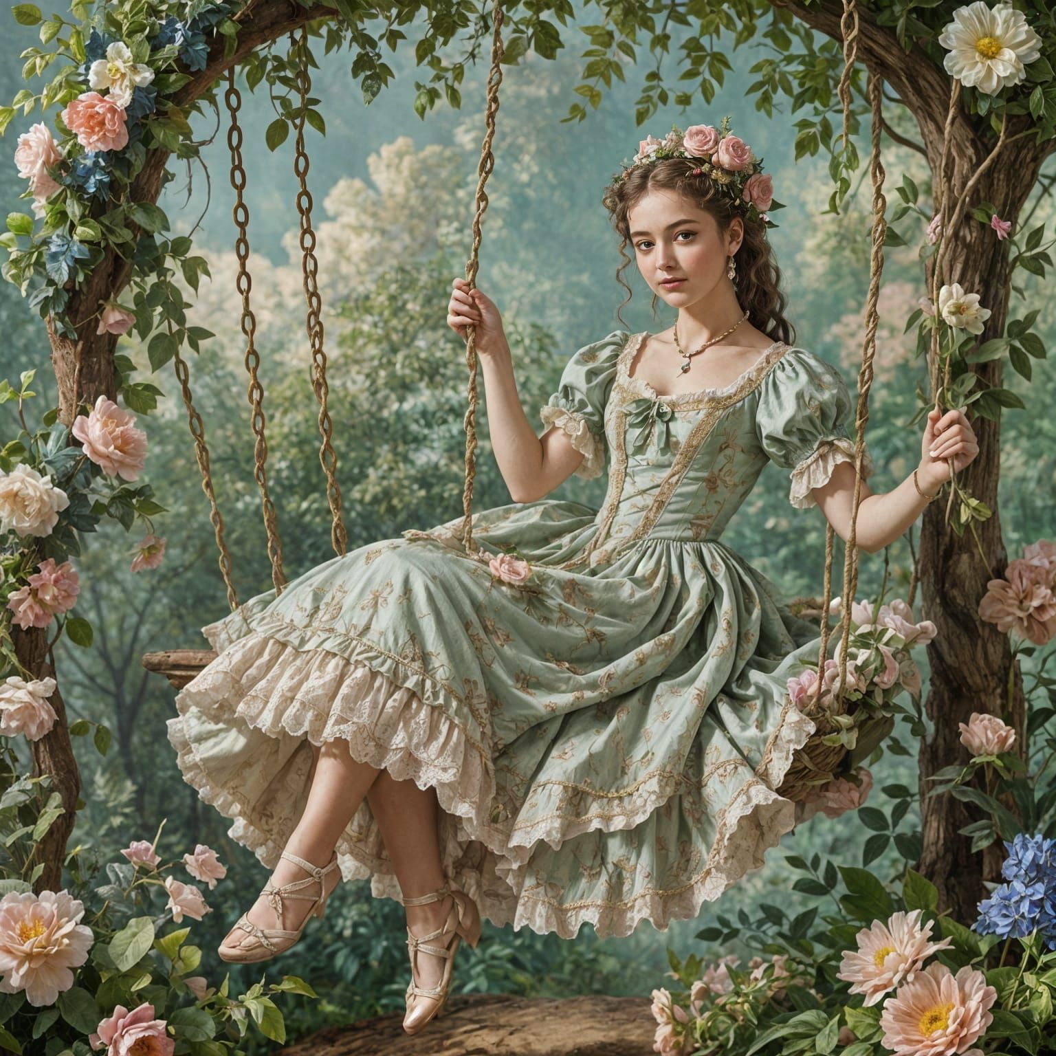 2 likes - a Rococo-style depiction of a youg woman on a swin...