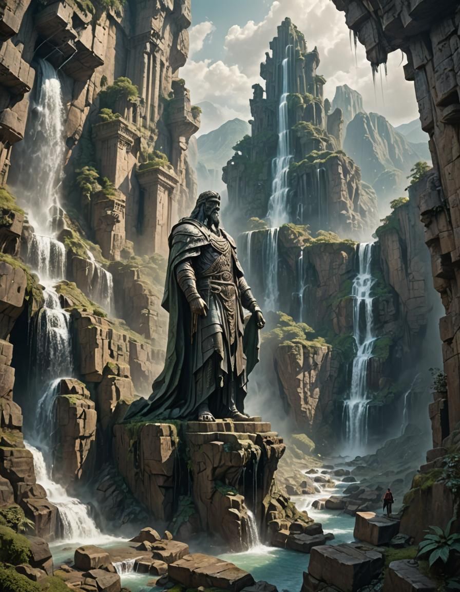 Mountainside Statue Over Forgotten City Ruins