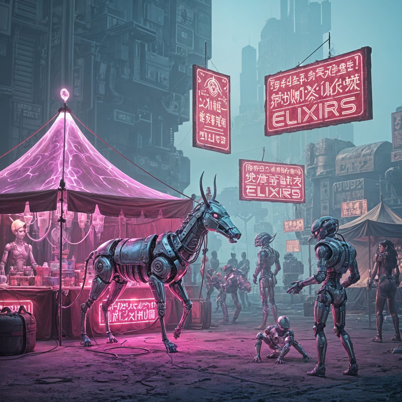 Cyberpunk Marketplace With Floating Alien Signs
