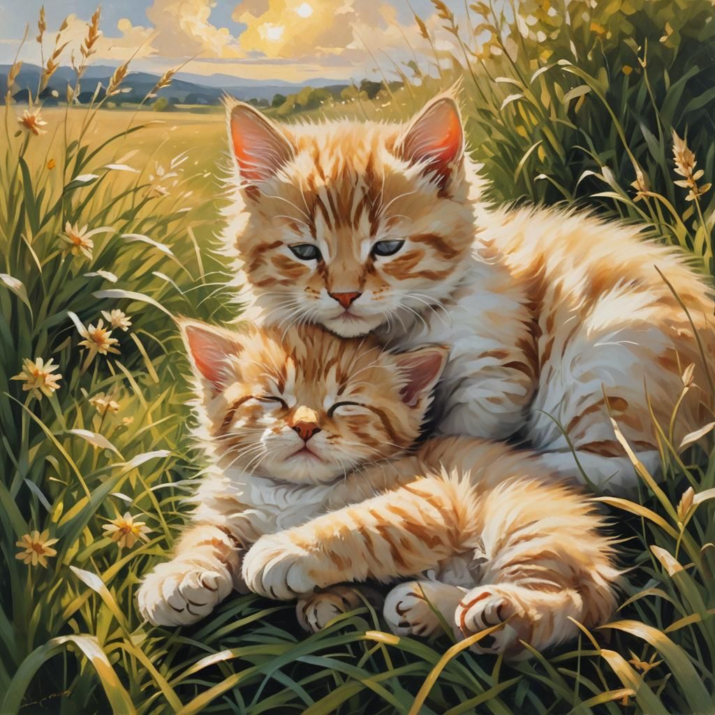 Kittens Sleeping in Impressionist Oil Painting
