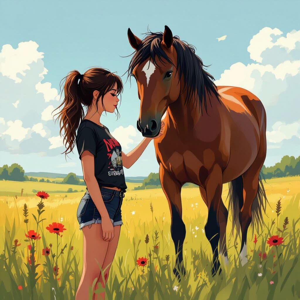 Emo Girl Petting Horse in Vibrant Meadow