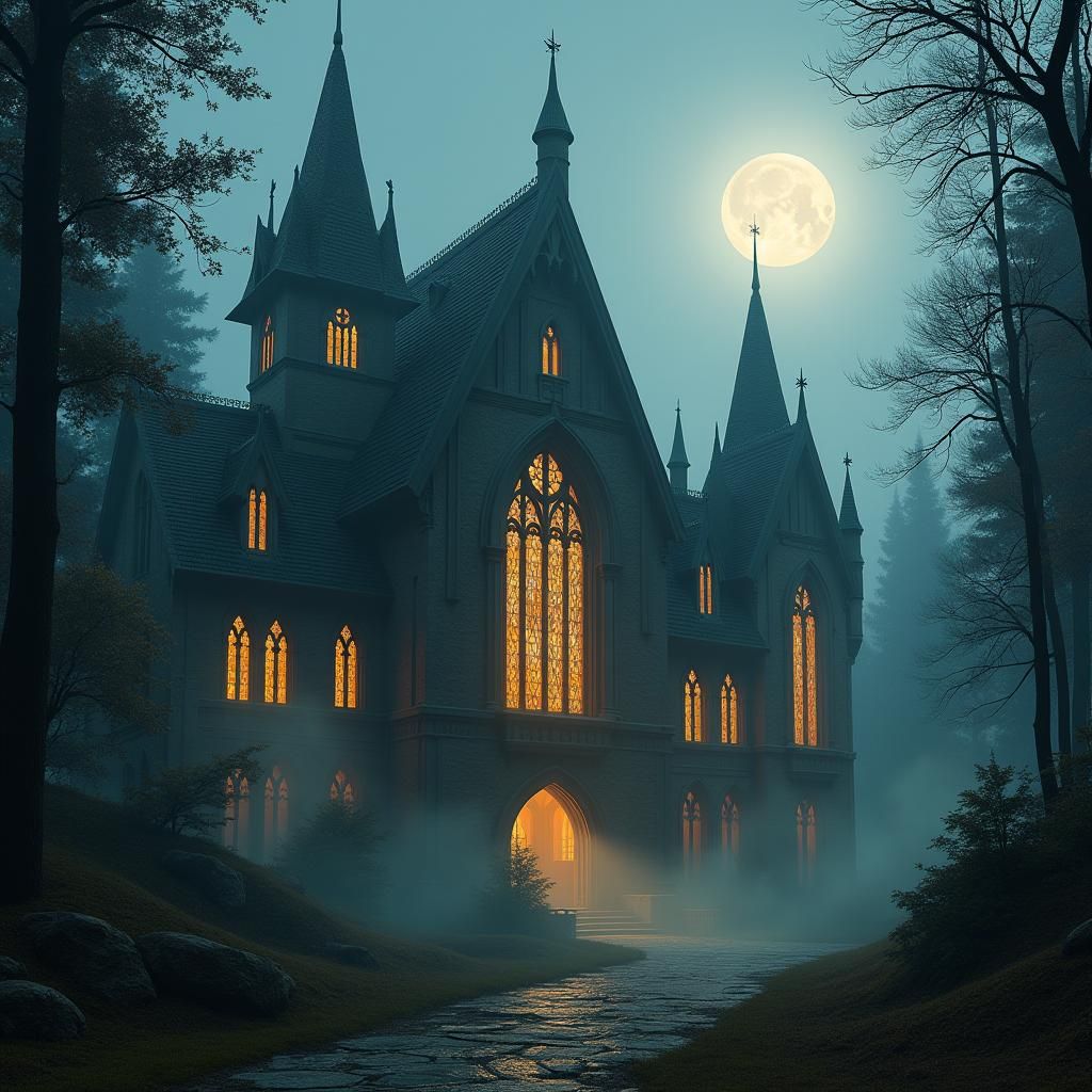 Majestic Gothic Magic School in Moonlit Forest