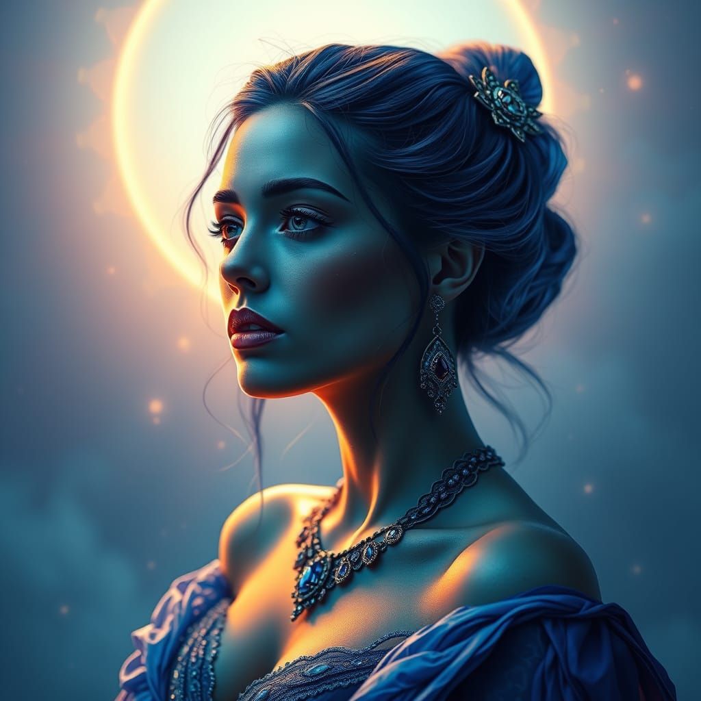 Ethereal Woman in Celestial Attire, Captivating Portrait