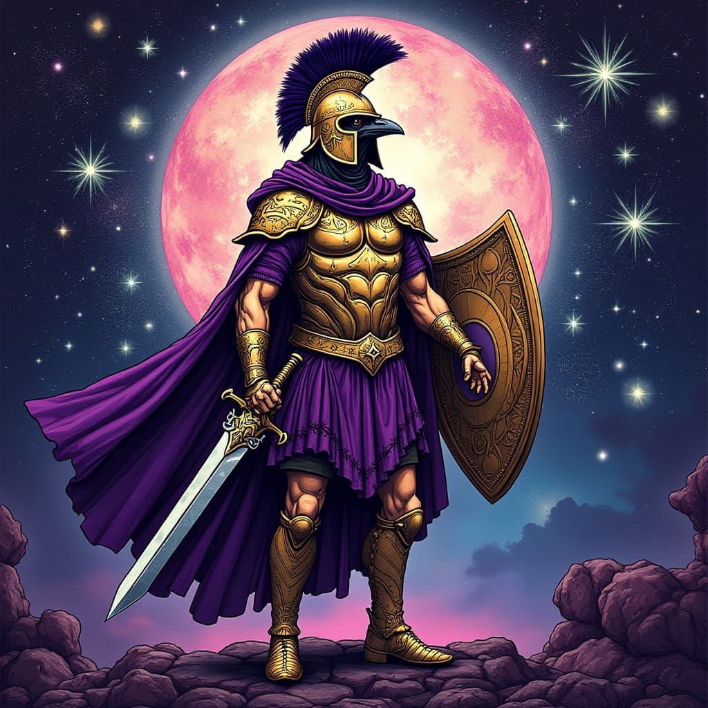 Raven in Roman Armor: Holographic Cosmic Illustration