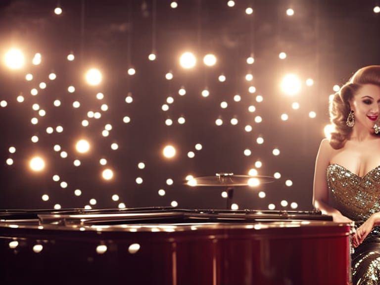 Beautiful woman in evening dress playing a grand piano in a seedy jazz club.