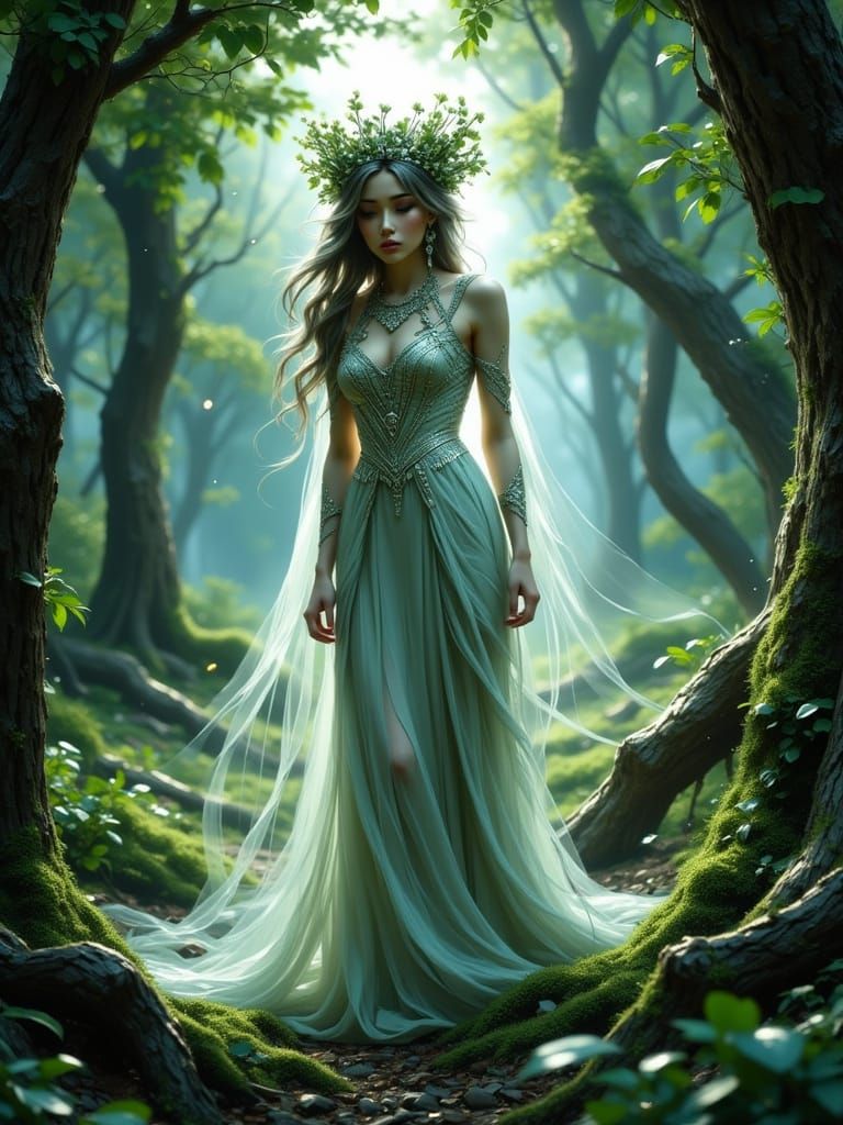 Regal Elven Fey Queen in Moonlit Forest Glade