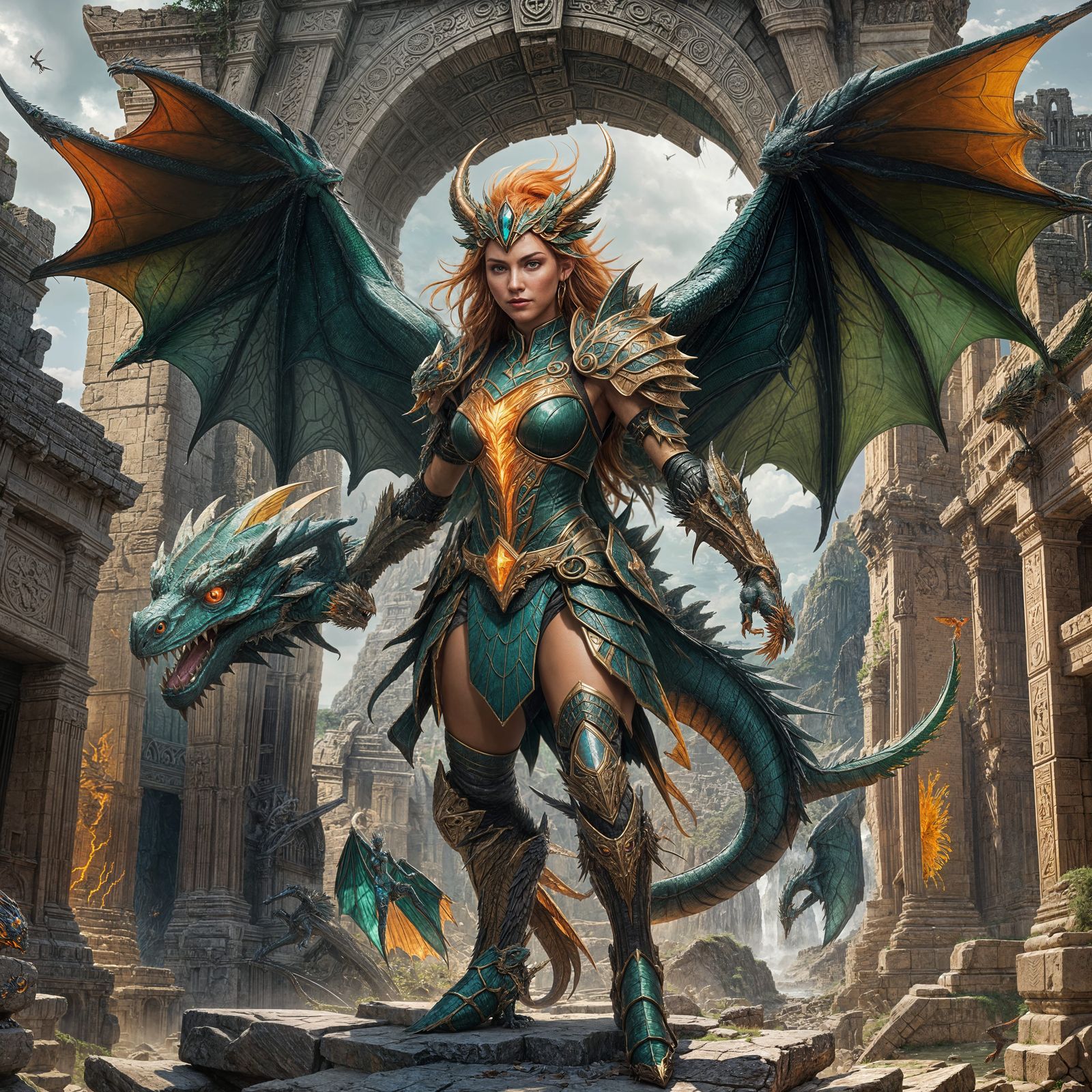 Anthropomorphic Dragon Girl in Ancient Ruins, Digital Art