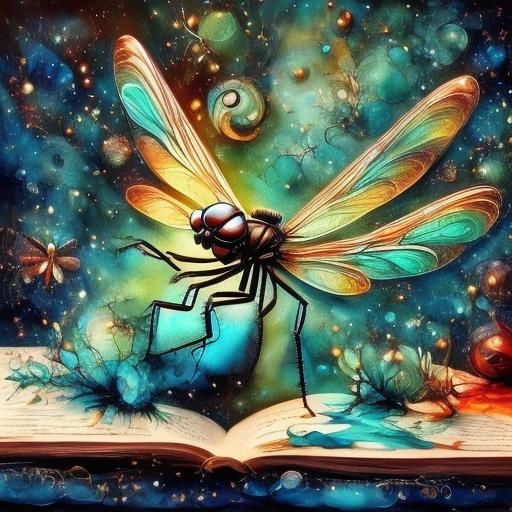 Magical Dragonfly with Candle and Open Book
