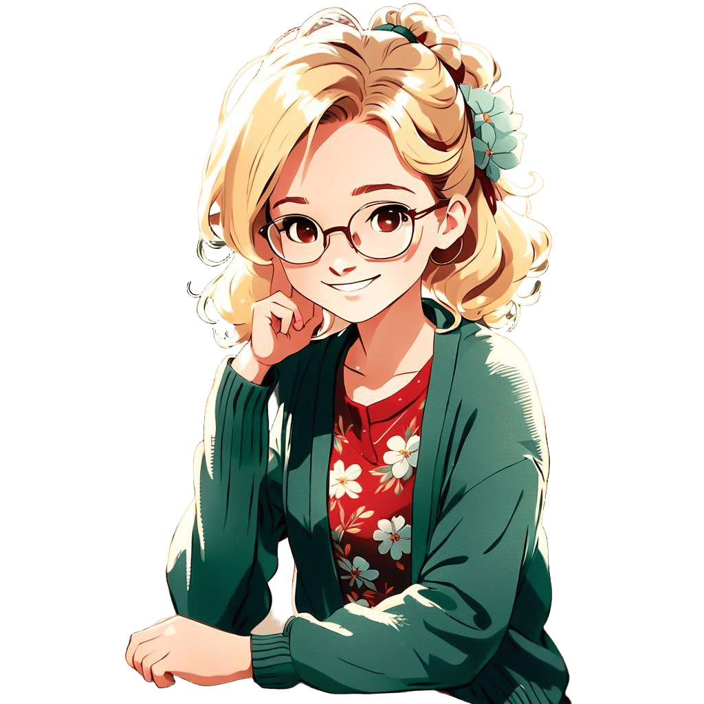 An anime-style illustration of a woman with glasses, smiling...