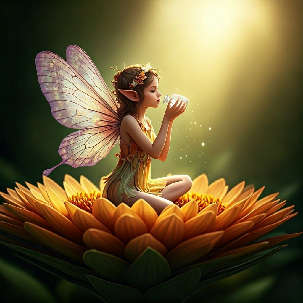 Enchanting Fairy Sipping Dew on Exotic Bloom