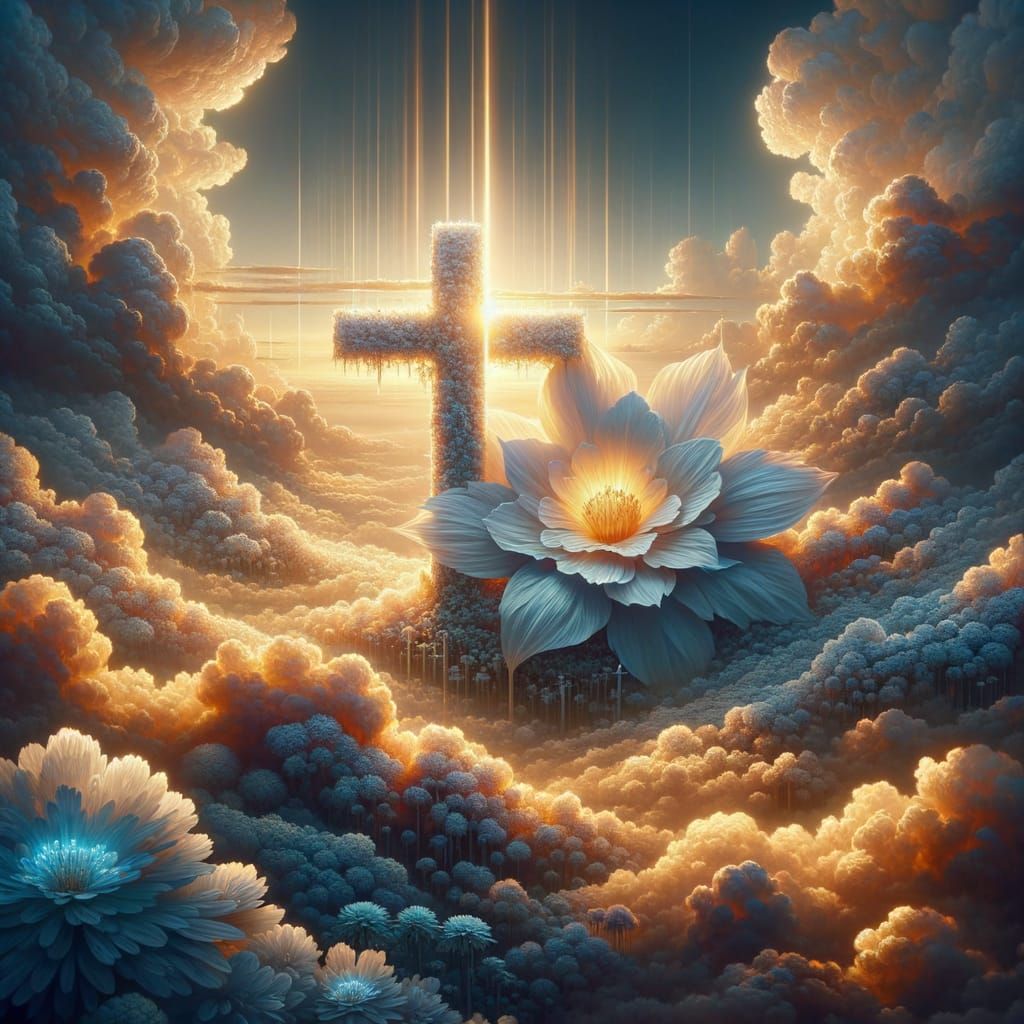 Luminescent Cross on Floral Hill in Anime Style