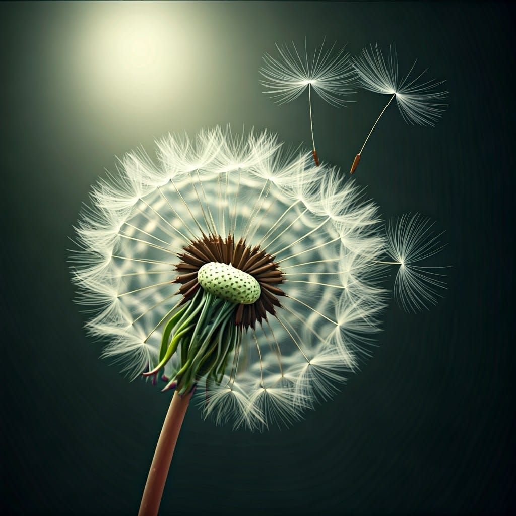 Dandelion Seeds Floating in the Wind: Hyper-Realistic Photo