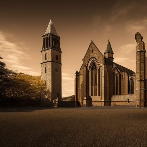 Derelict Abbey in Sepia: Hyperrealistic Concept Art