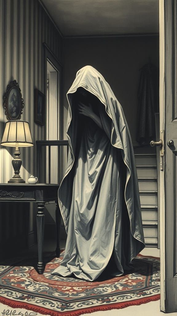 Frightened Woman Hiding from Vampire in Charcoal Drawing Sty...