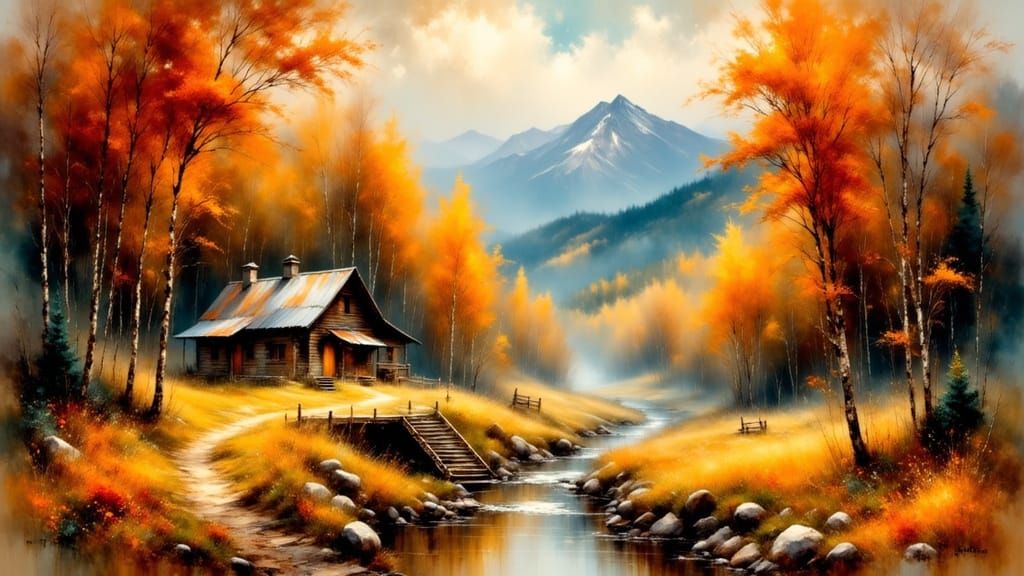 Appalachian Cabin in Autumnal Impressionist Style
