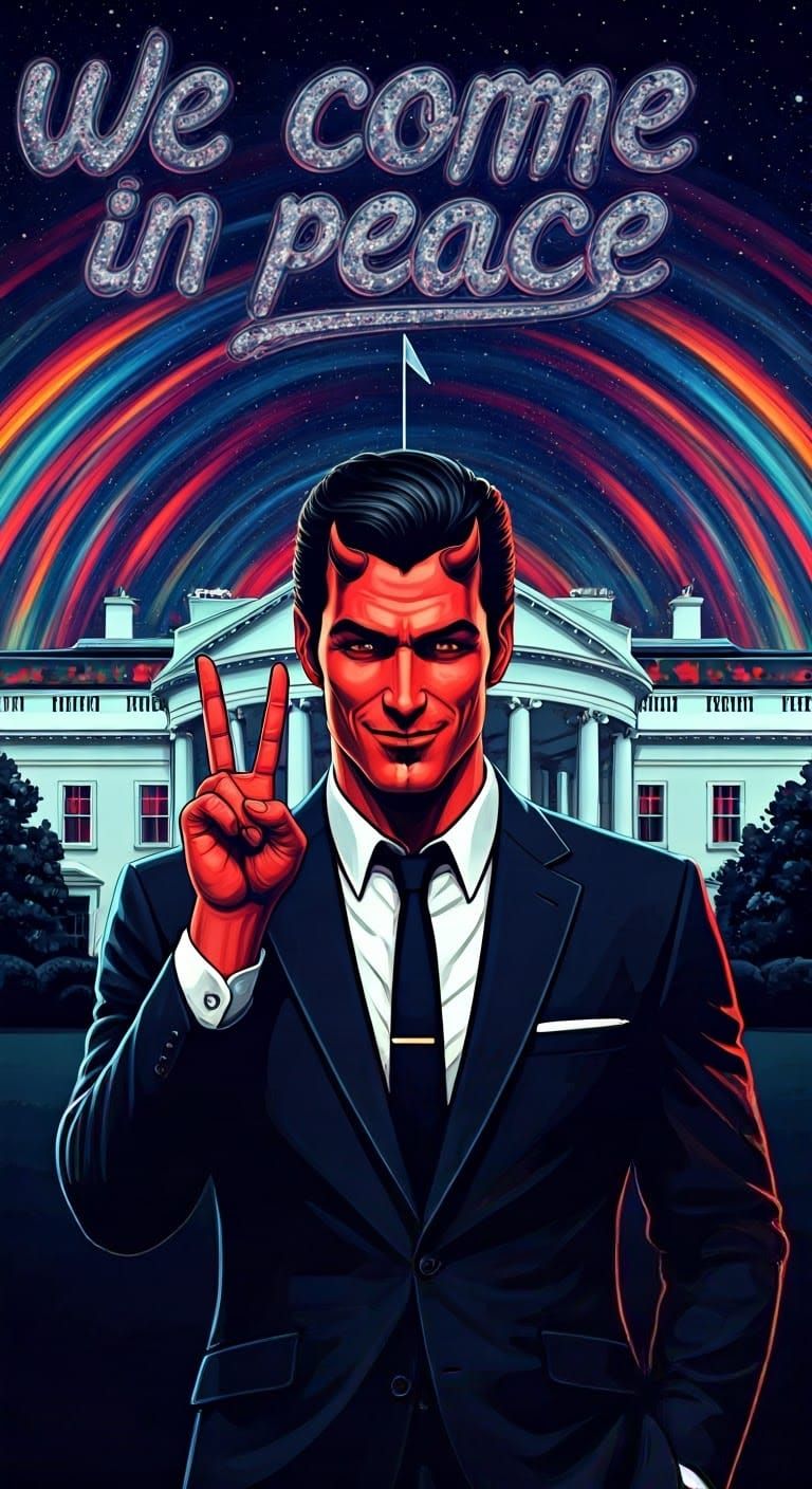 Stylish Satan in Futuristic Peace Sign Pose