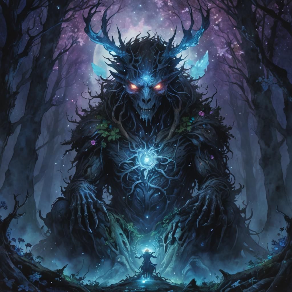 Demonic Creature in Bioluminescent Forest: Watercolor Art