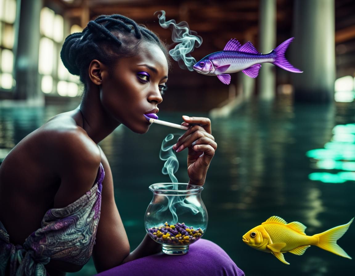 Surreal Portrait: Woman with Pipe and Purple Fish