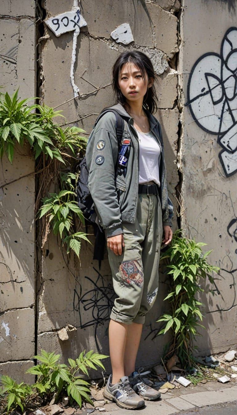 Post-Bombing Japanese Woman in Dystopian Ruins