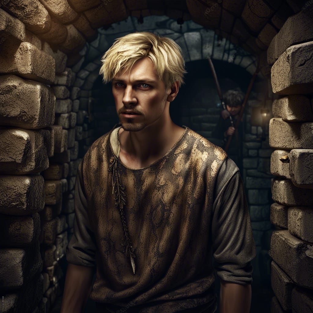 Tortured Blond Man in Stone Cellar: Detailed Matte Painting