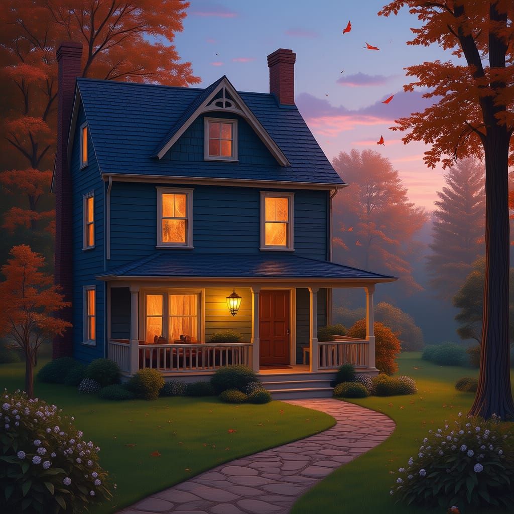 Cozy Autumn Twilight Home in Vintage Painterly Style