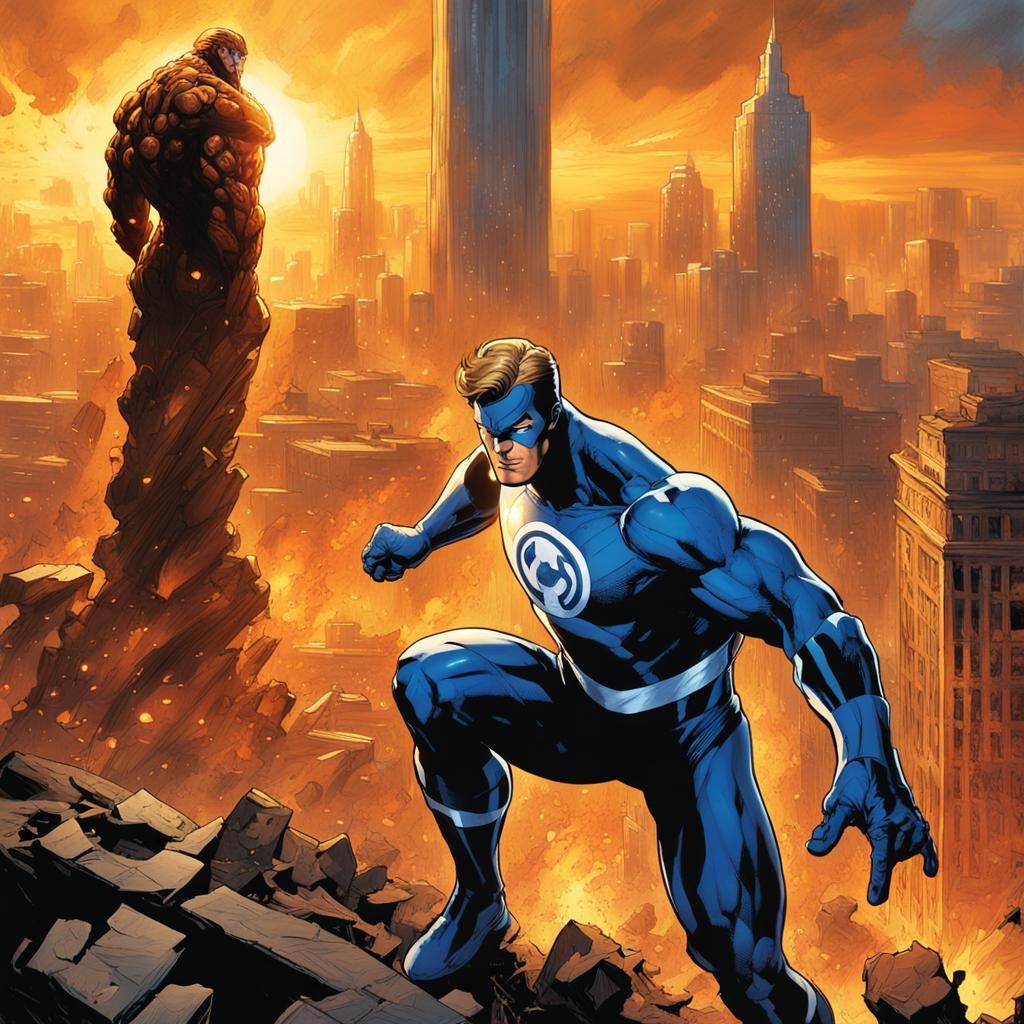 Superhero Team in Ruined City: Cinematic Film Still